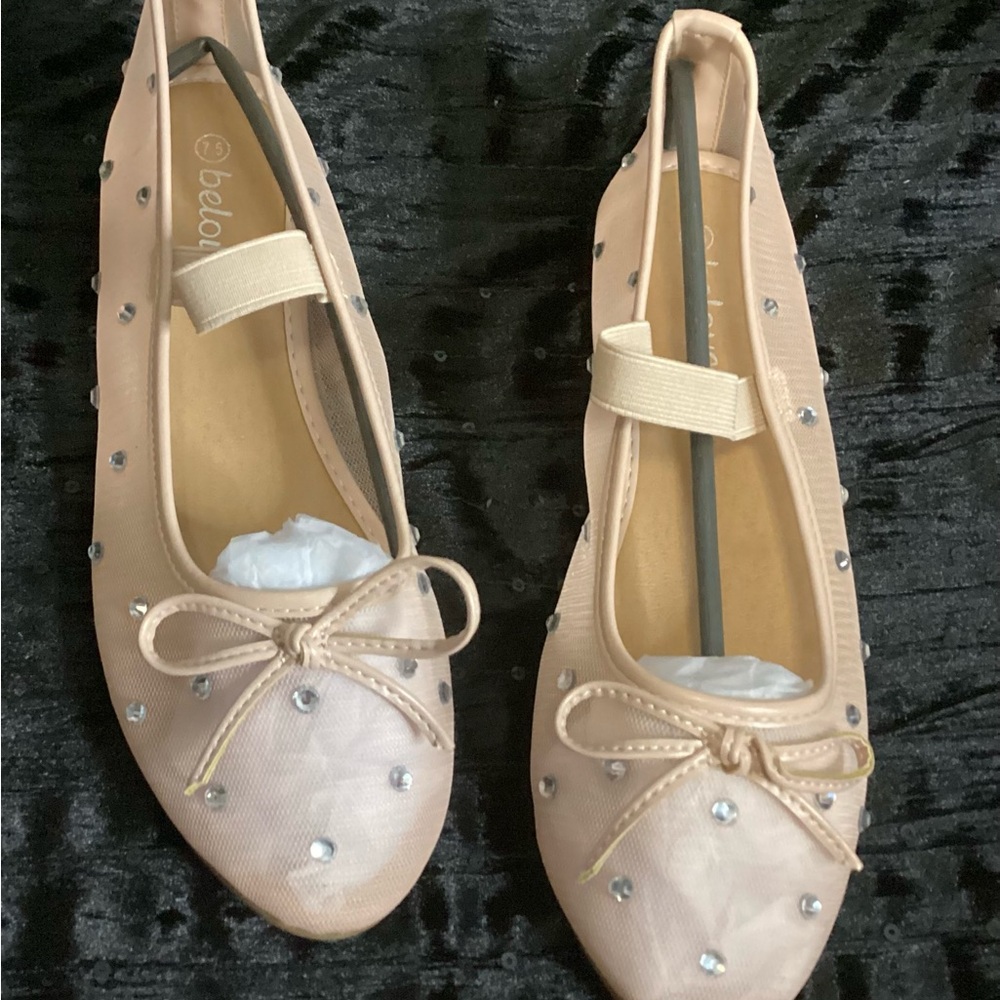 Belovely Nude Ballet Flats with Bowknot & Rhinestone Accents 7.5